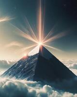 A pyramid shaped planet emitting beams of light from its apex. photo