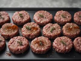 Handmade raw burger cutlets with minced meat and spices arranged on a black tray from a top view perspective. photo