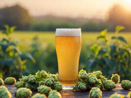 Refreshing beer served in a glass beside hop cones in a lush field during sunset. photo