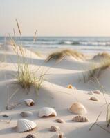 Tranquil Beach Scene with Shells and Grass on Soft Sand Dunes photo