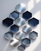 An abstract geometric design featuring hexagonal shapes with gradients of navy blue and silver photo