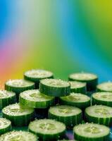 Fresh Cut Cucumbers on Colorful Background for Healthy Eating. photo