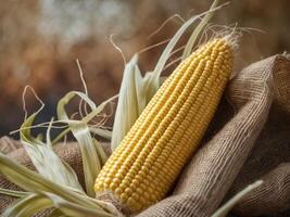Freshly harvested corn on the cob displaying golden kernels nestled on burlap fabric in rustic farm setting closeup. photo