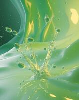 Dynamic Juice Droplets Exploding Amidst a Green Background. photo