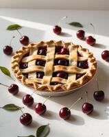 Rustic Cherry Pie with Golden Lattice Crust and Fresh Cherries photo