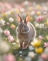 Adorable rabbit exploring a vibrant flower field in spring sunlight. photo