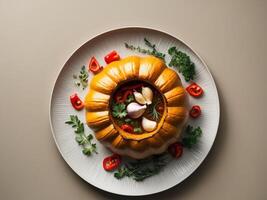 A plate with a pumpkin on top and vegetables photo
