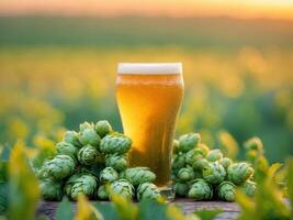 A glass of beer and some hops on a wooden table photo