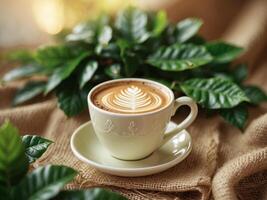 Coffee cup with latte art placed on burlap mat surrounded by coffee leaves in a cozy setting. photo