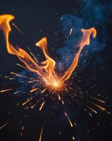 Fire Sparks Illuminate Dark Background Creating a Dramatic Visual Effect. photo