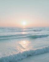 Sunrise over tranquil ocean waves coastal paradise digital art serene view nature's beauty. photo