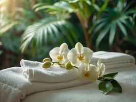 Spa massage setting with towels and orchids surrounded by tropical greenery for relaxation and wellness promotion. photo