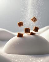 Sugar cubes falling from the top of a white cake photo