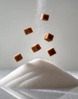 Sugar cubes falling from the top of a pile of sugar photo
