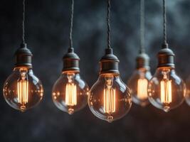 Row of vintage light bulbs glowing warmly in a dark setting creating a nostalgic and inviting ambiance for interior design concepts photo