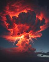 Dramatic Explosive Cloud Illuminating the Dark Night Sky with Fiery Red and Orange Colors photo