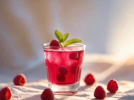 Raspberry juice in a glass with fresh raspberries and mint leaves on a blurred background creating a refreshing summer beverage scene. photo