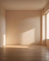 Empty room with beige walls and wood flooring. photo