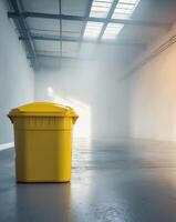 A yellow trash can sits in an empty room photo