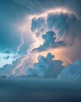 A lightning bolt is seen in the sky above clouds photo