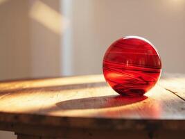 Decorative red glass ball elegantly resting on a sunlit wooden surface enhancing interior aesthetics with vibrant colors and soft reflections. photo