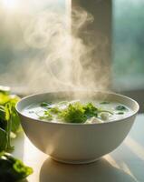 Fresh Tofu Soup with Greens in Natural Light by a Window photo