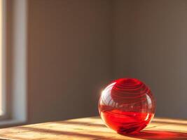 Decorative red glass ball elegantly resting on a sunlit wooden surface enhancing interior aesthetics with vibrant colors and soft reflections. photo