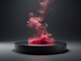 Empty round podium on black background with red smoke. photo