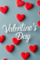 Valentine's day greeting card with bright red hearts on a blue background with text valentine's day and large space for text. photo