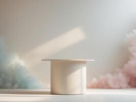 A white table in front of a wall with pink and blue smoke photo