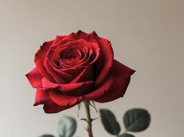 A single red rose is shown in front of a white background photo