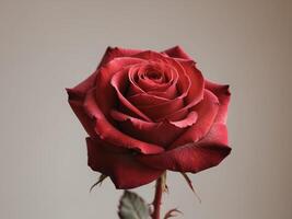 A single red rose is shown in front of a gray background photo