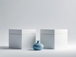 Two white boxes with blue vases in front of them photo