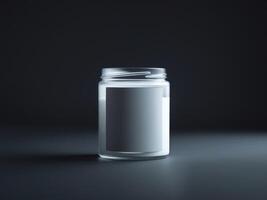 Jar mockup with blank label on a dark background for branding design. photo