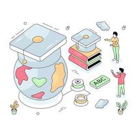 Globe with mortarboard, isometric design of global learning vector