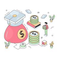 Mortarboard with dollar, isometric design of educational grant vector