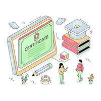 Paper with ribbon on webpage, isometric design of online certificate illustration vector
