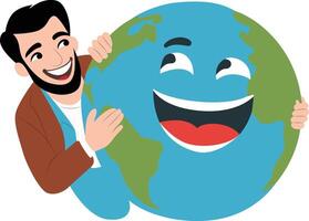 A man hugging a globe with a smile on his face vector