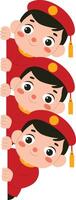 Three Cute Boys Peeking Red Hats peeking, happy Chinese New Year Parade Performer vector