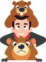 Man With Two Cartoon Groundhogs peeking, happy Groundhog Day Predictor vector