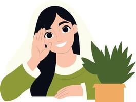 Smiling Woman Greets Plant Potted Indoor peeking, happy Saint Matthias Day vector