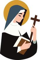Nun Reading Book Holding Cross, happy St. Scholastica Day vector
