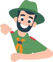 Smiling Scout Inviting, Green Hat peeking, happy World Scout Day vector