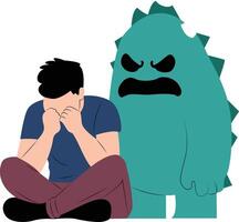 A man is crying and a monster is behind him hand drawn vector