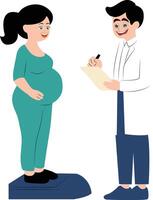 Happy pregnant woman standing on the scale with doctor standing next to her taking notes hand drawn vector