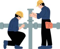 Two men are working on a pipe, one of them is wearing a hard hat hand drawn vector