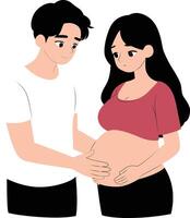 The pregnant woman looks at the stretch marks on her belly, her face worried vector