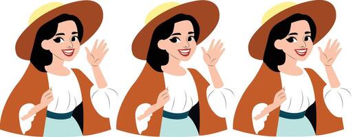Woman Waving Brown Hat Illustration peeking, Happy Balearic Islands Day vector