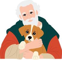 Elderly Man Hugging Adorable Puppy peeking, happy National Puppy Day vector