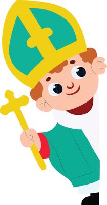 Cartoon Boy Bishop Holding Crosier peeking, happy Saint Casimir Day